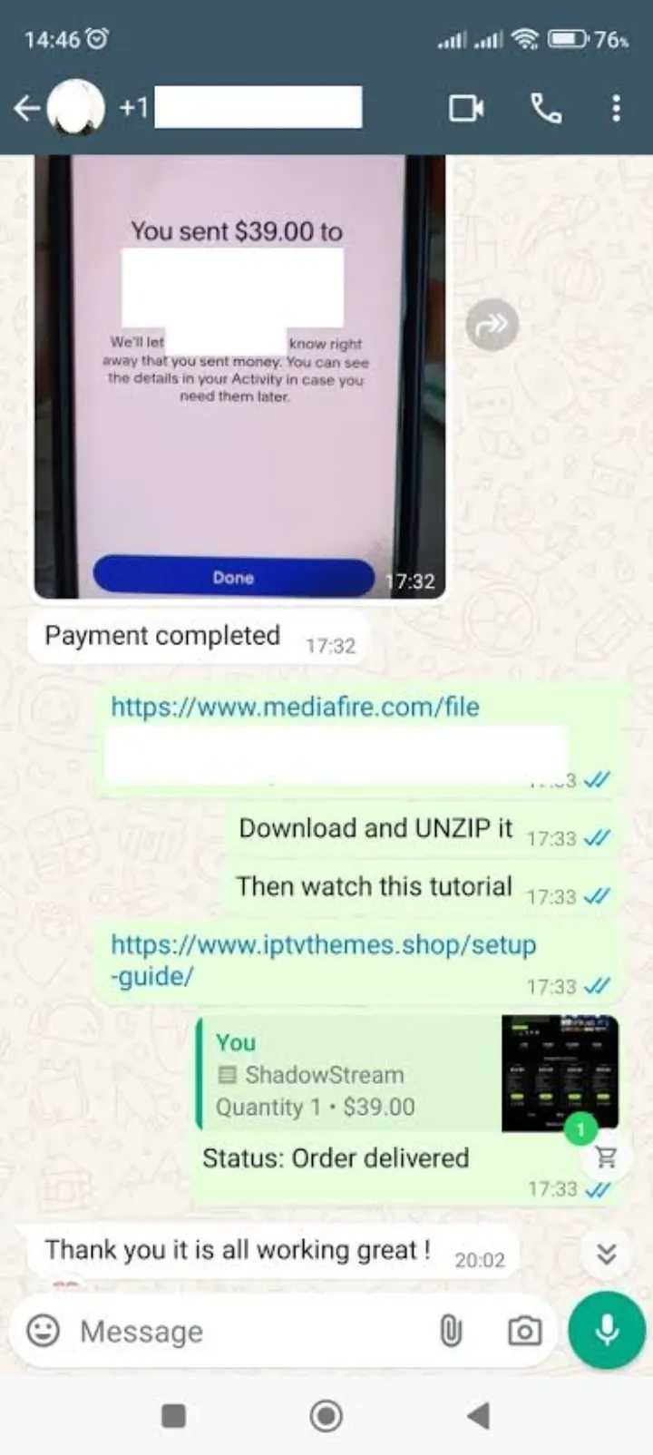 WhatsApp support chat: Payé et actif
